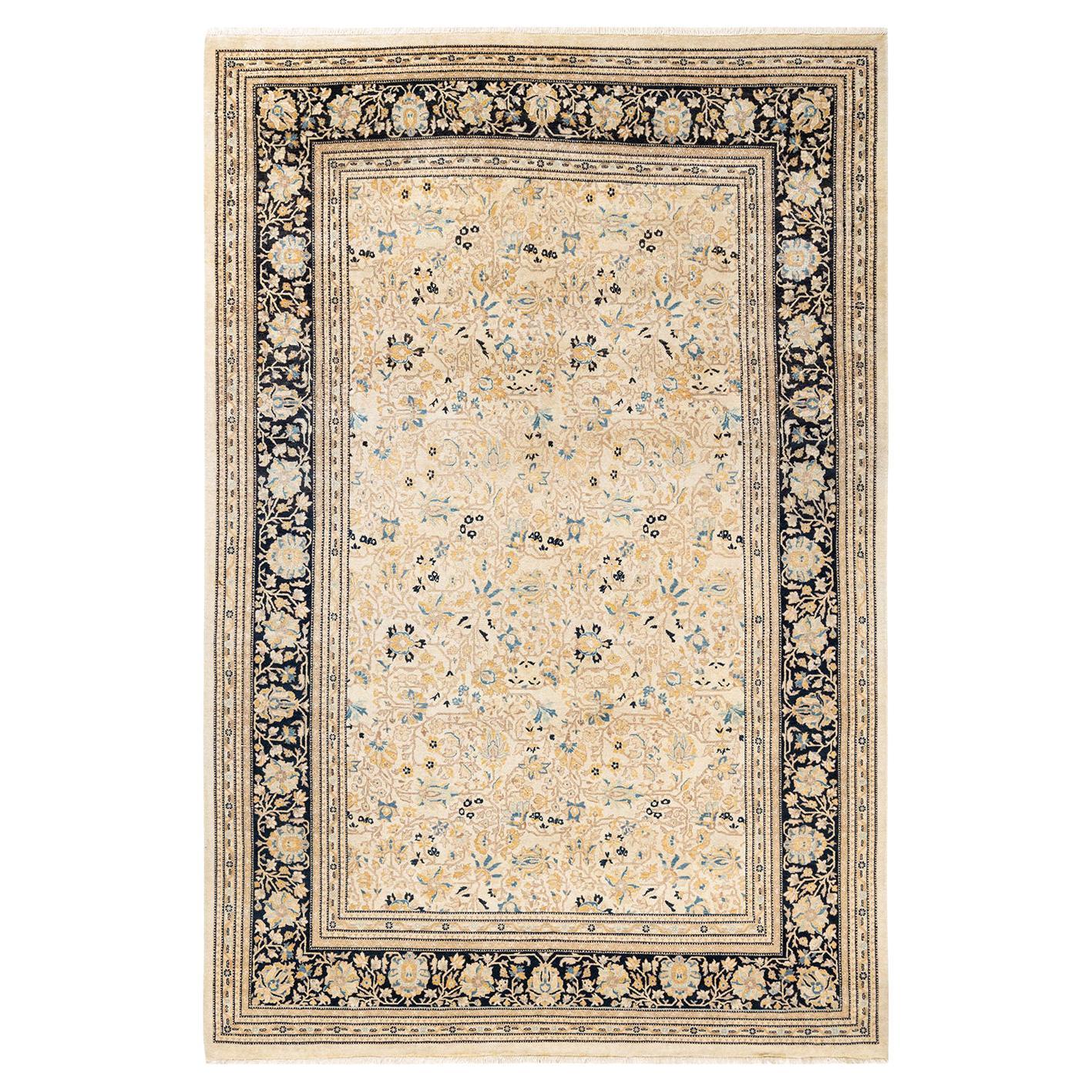 Tapis traditionnel ivoire Mogul unique en son genre fabriqué à la main