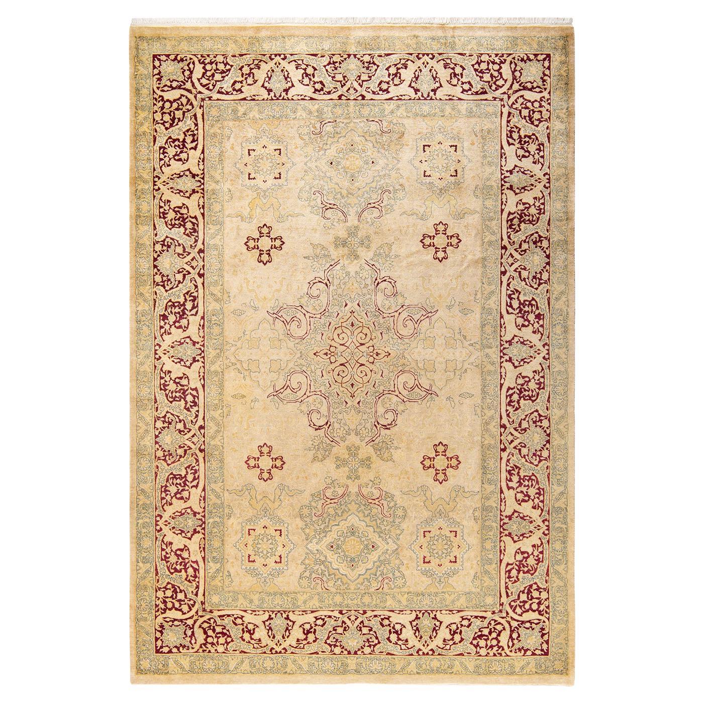 Tapis traditionnel ivoire Mogul unique en son genre fabriqué à la main