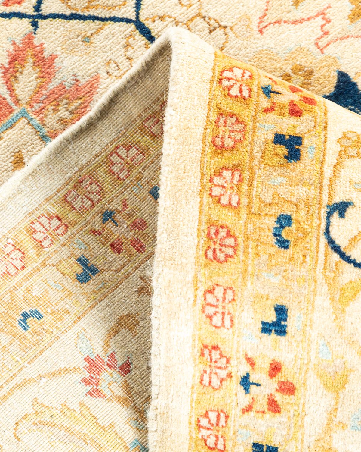 Pakistani One-Of-A-Kind Hand Made Traditional Mogul Ivory Area Rug For Sale
