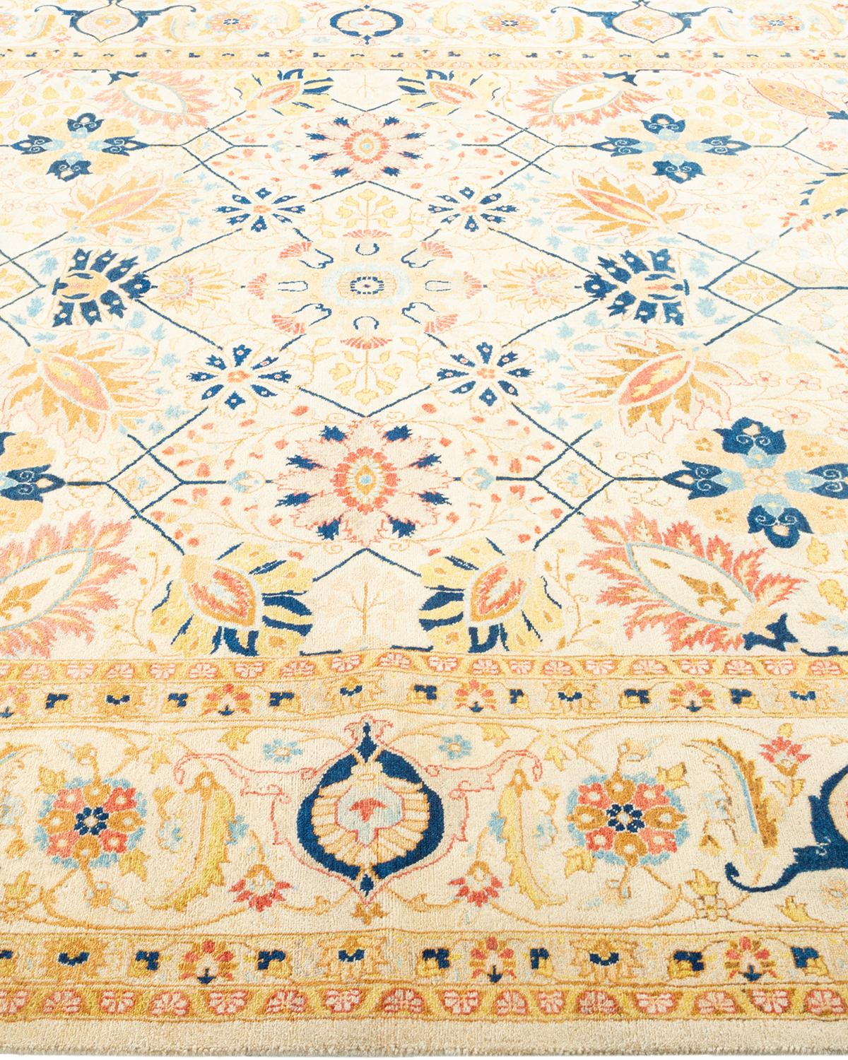 One-Of-A-Kind Hand Made Traditional Mogul Ivory Area Rug In New Condition For Sale In Norwalk, CT