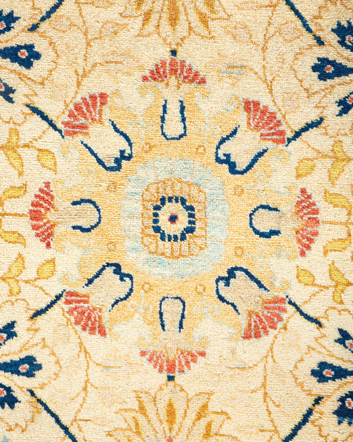 Contemporary One-Of-A-Kind Hand Made Traditional Mogul Ivory Area Rug For Sale