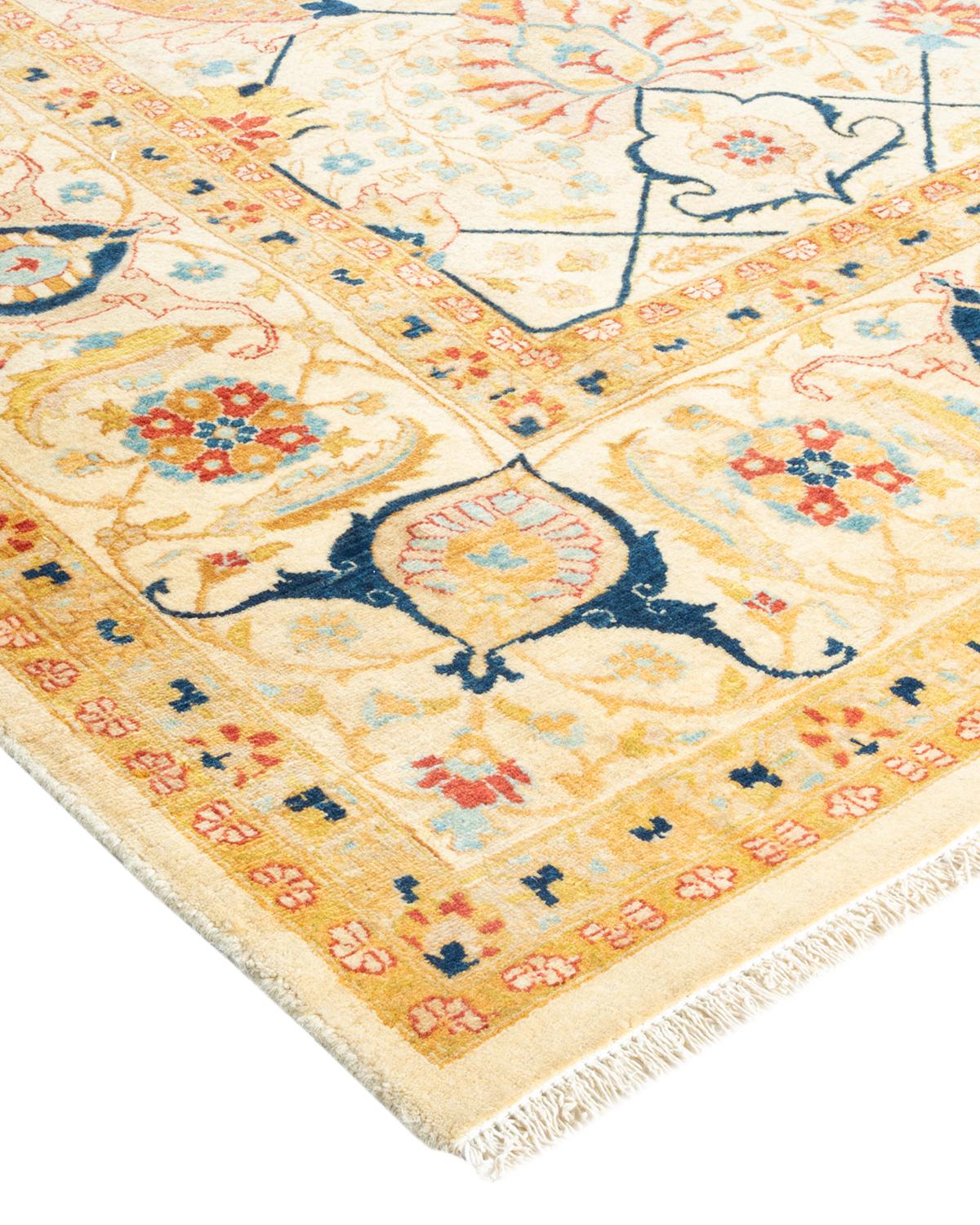 Wool One-Of-A-Kind Hand Made Traditional Mogul Ivory Area Rug For Sale