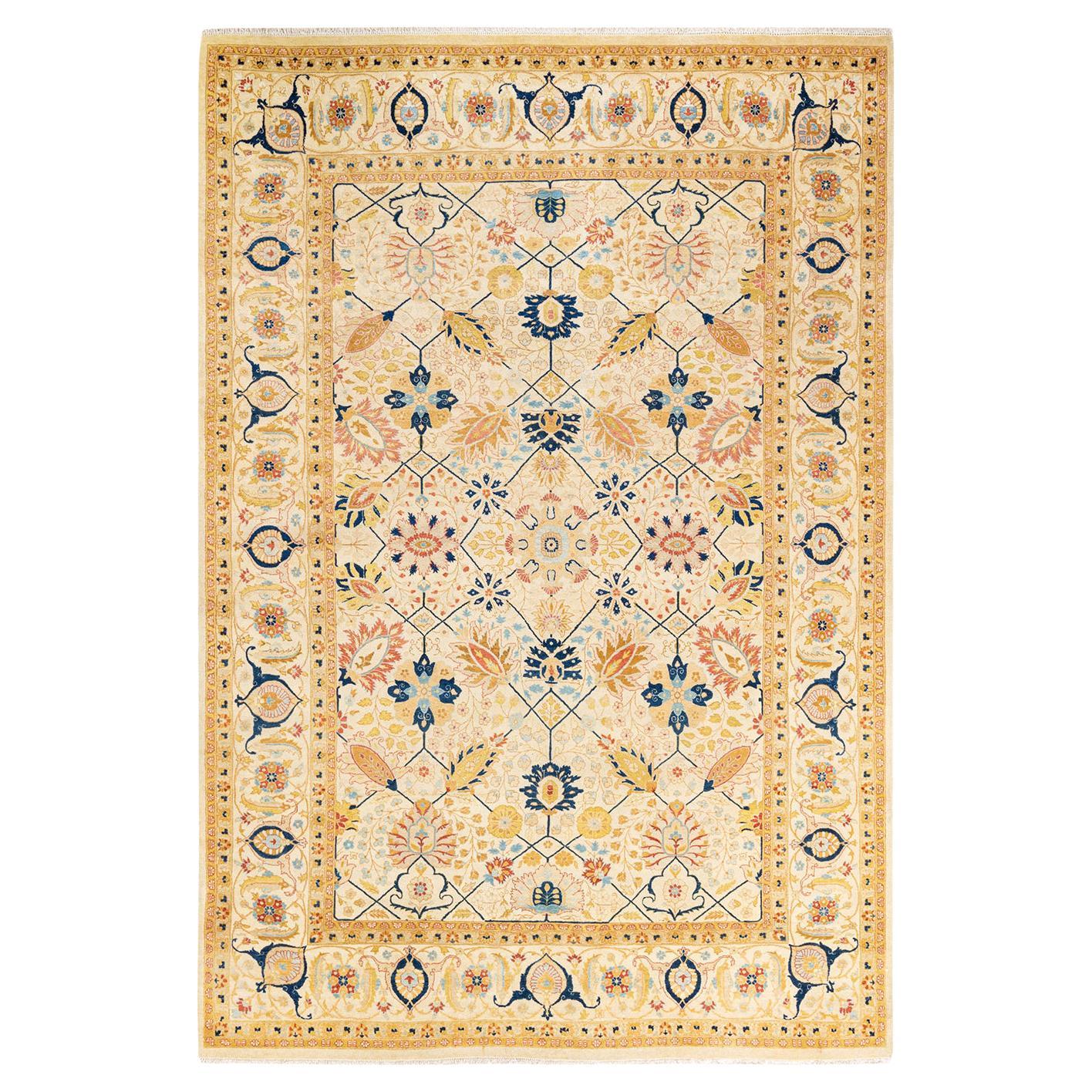 One-Of-A-Kind Hand Made Traditional Mogul Ivory Area Rug For Sale