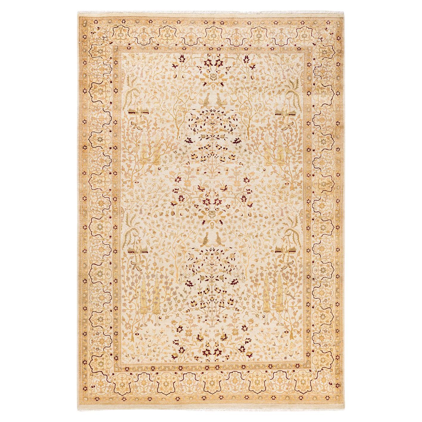 One-of-a-Kind Hand Made Traditional Mogul Ivory Area Rug
