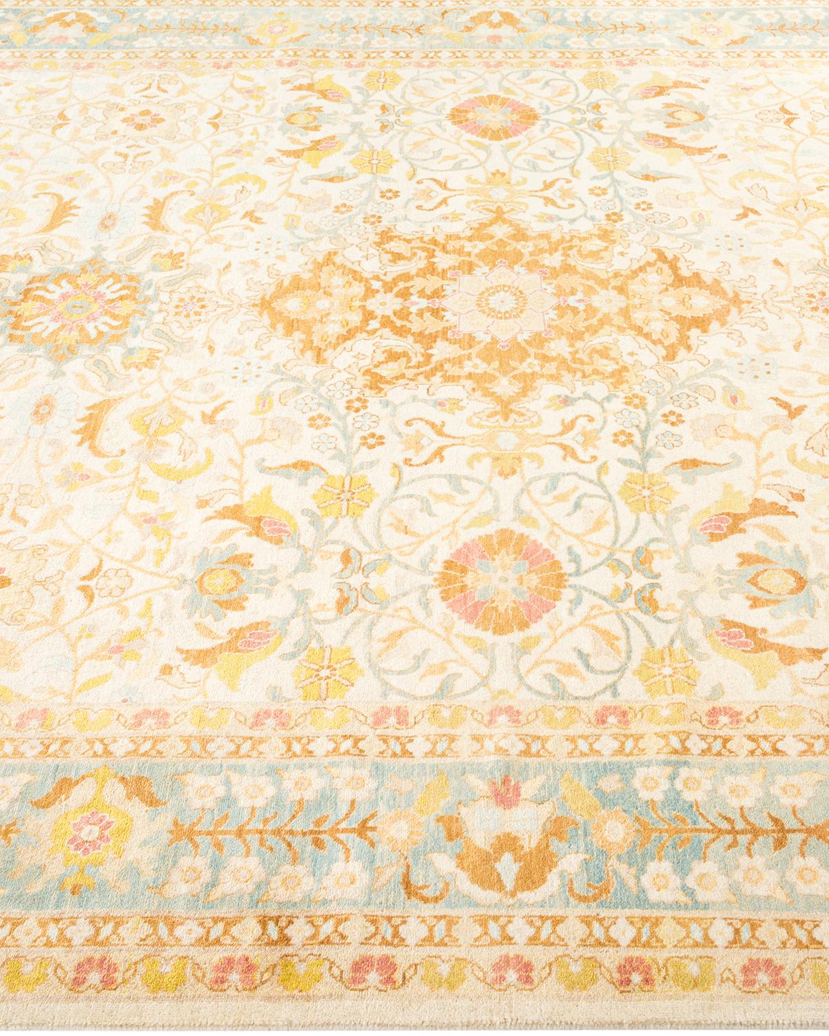 One-Of-A-Kind Hand Made Traditional Mogul Ivory Area Rug In New Condition For Sale In Norwalk, CT
