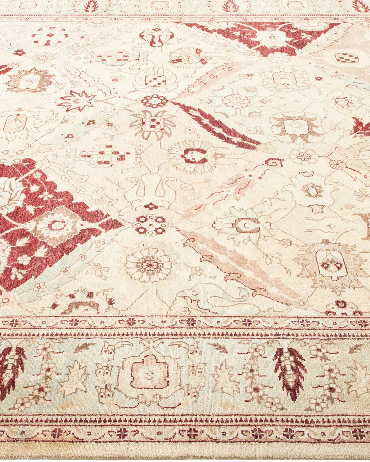 One-of-a-Kind Hand Made Traditional Mogul Ivory Area Rug In Distressed Condition For Sale In Norwalk, CT