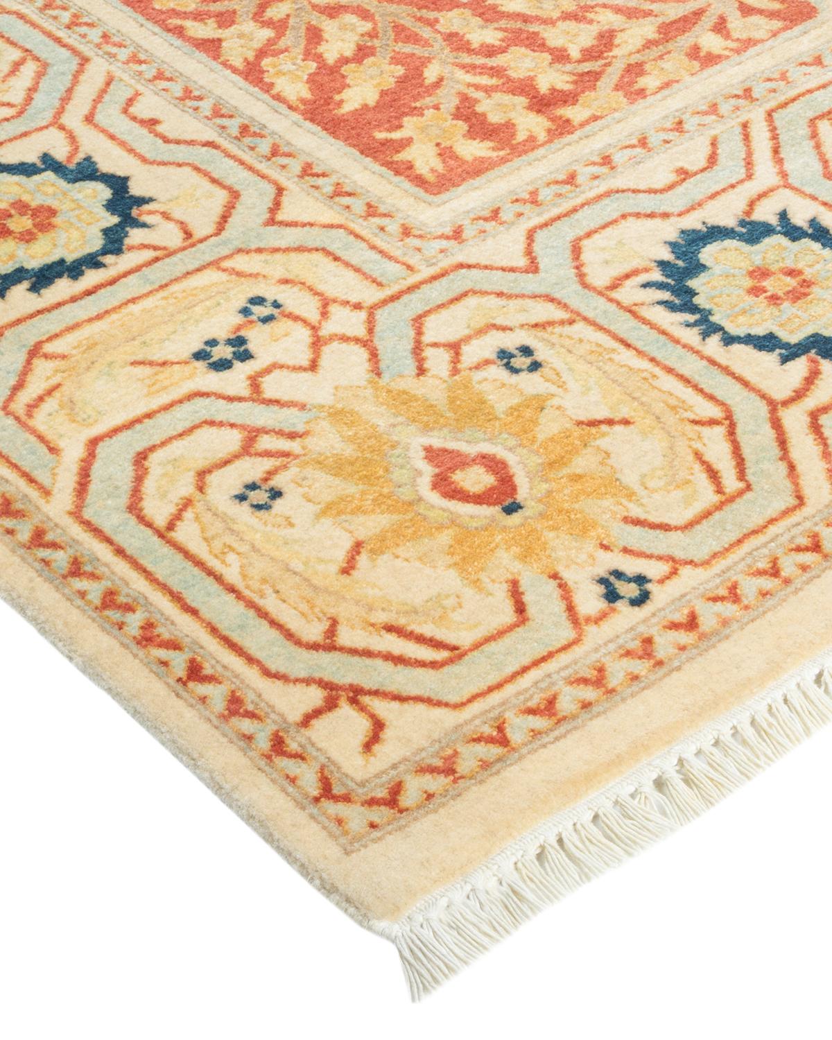 Wool One-Of-A-Kind Hand Made Traditional Mogul Ivory Area Rug For Sale