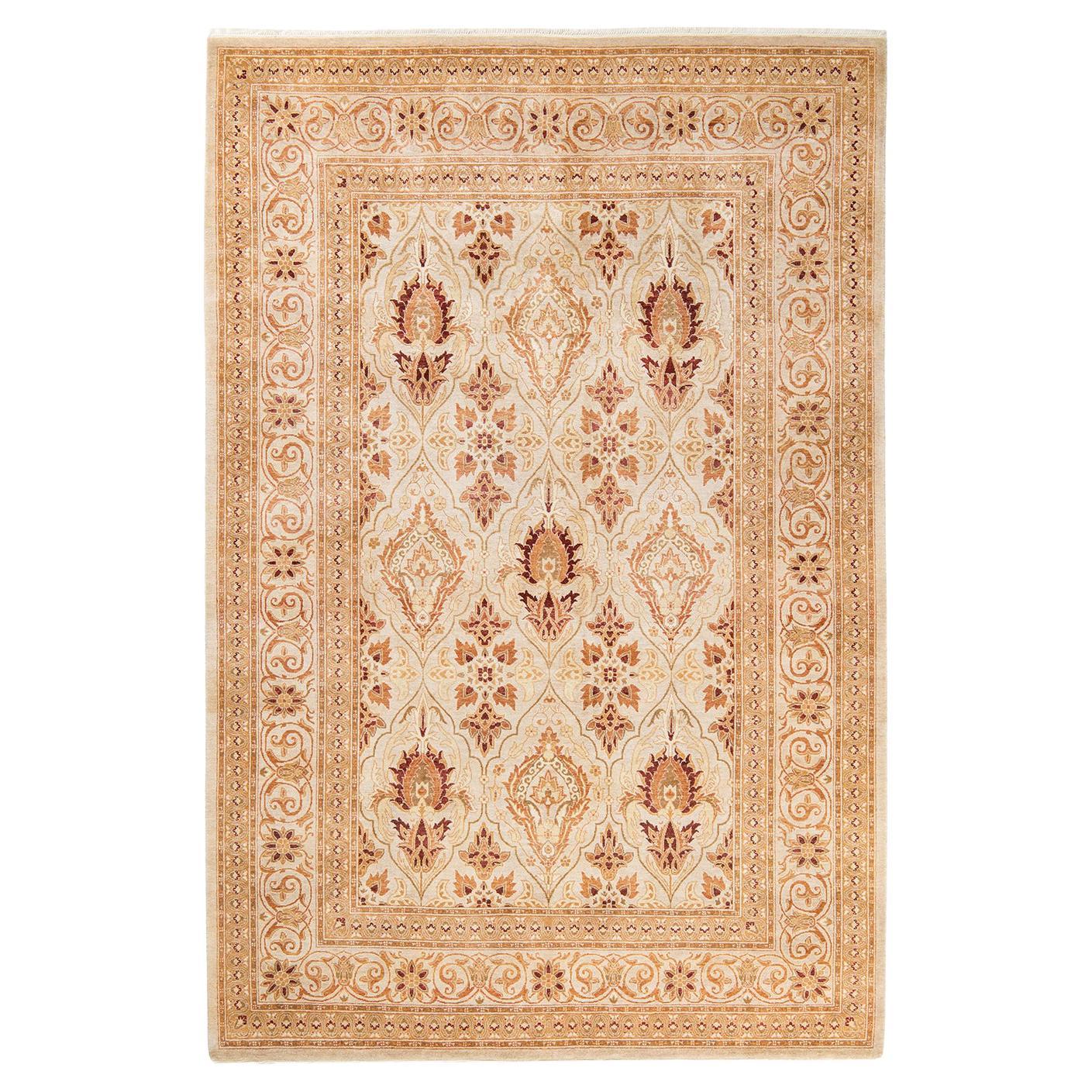 Tapis traditionnel ivoire Mogul unique en son genre fabriqué à la main
