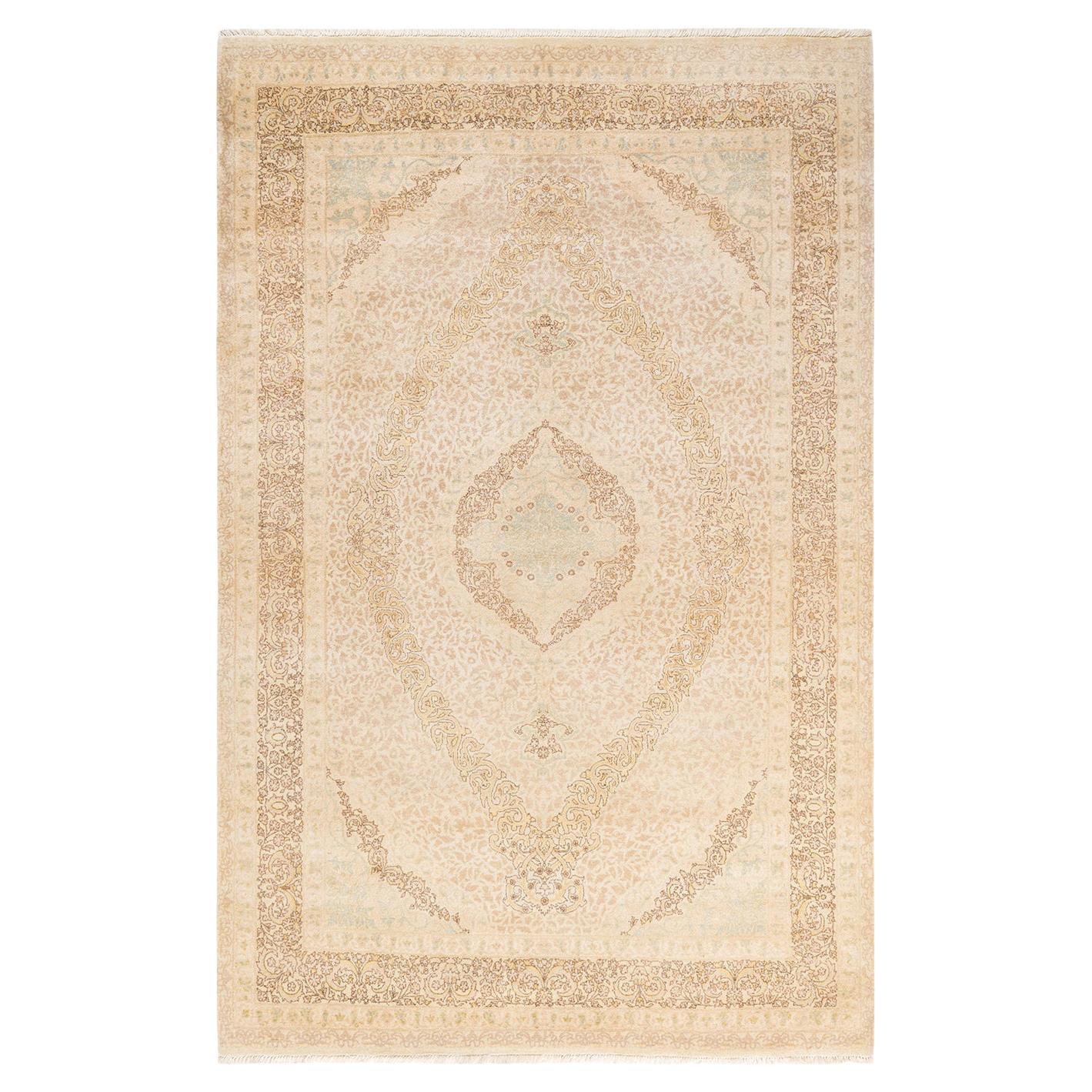 Tapis traditionnel Mogul ivoire unique en son genre fabriqué à la main