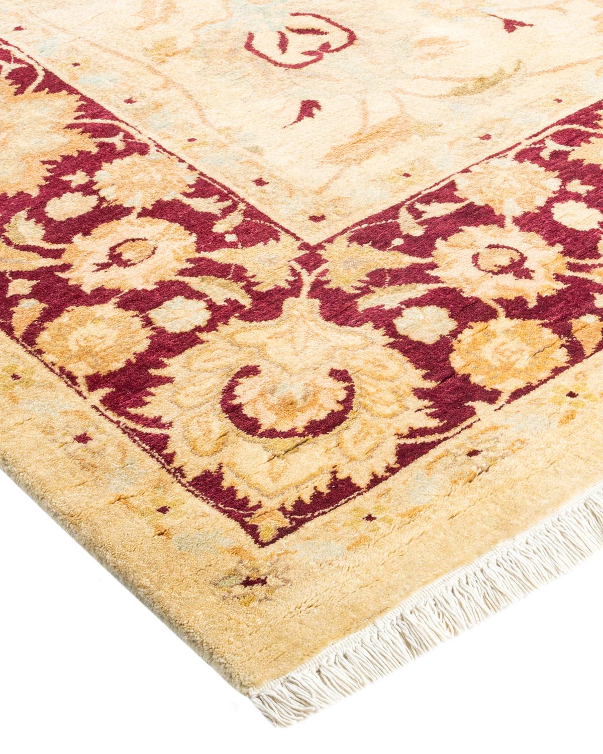 Wool One-Of-A-Kind Hand Made Traditional Mogul Ivory Area Rug For Sale