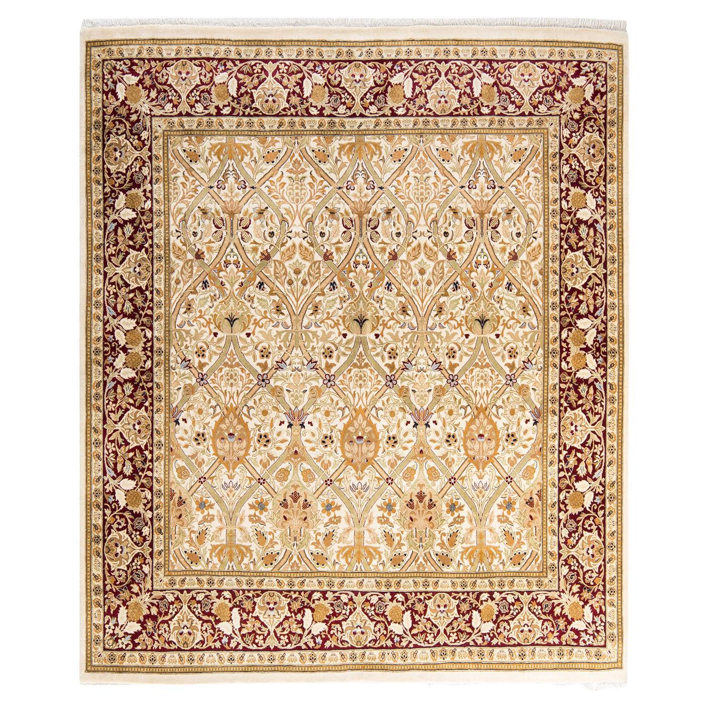 Tapis traditionnel ivoire Mogul unique en son genre fabriqué à la main