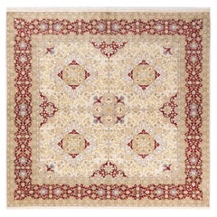 Traditioneller handgefertigter elfenbeinfarbener Mogul-Teppich, Unikat