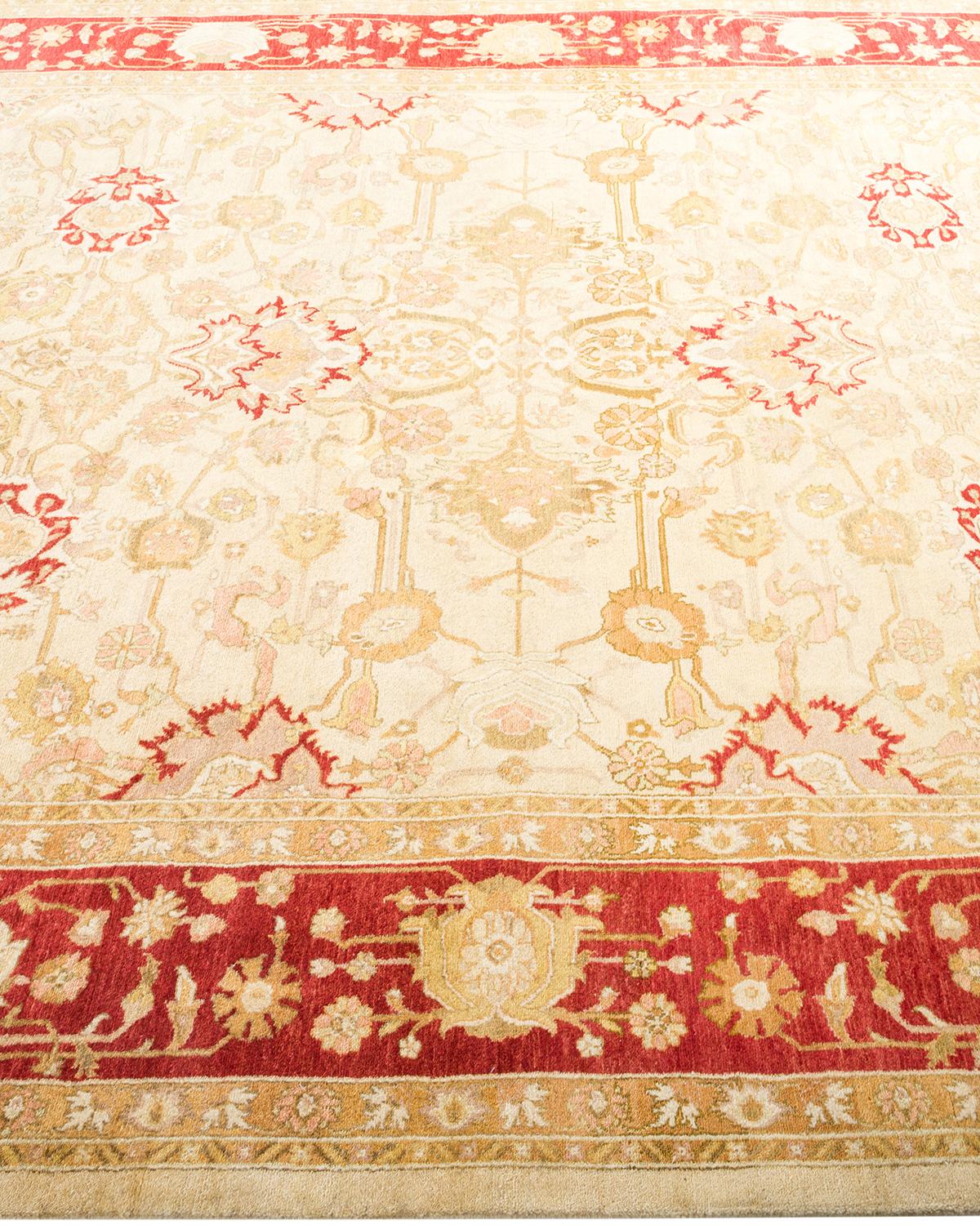One-Of-A-Kind Hand Made Traditional Mogul Ivory Area Rug In New Condition For Sale In Norwalk, CT