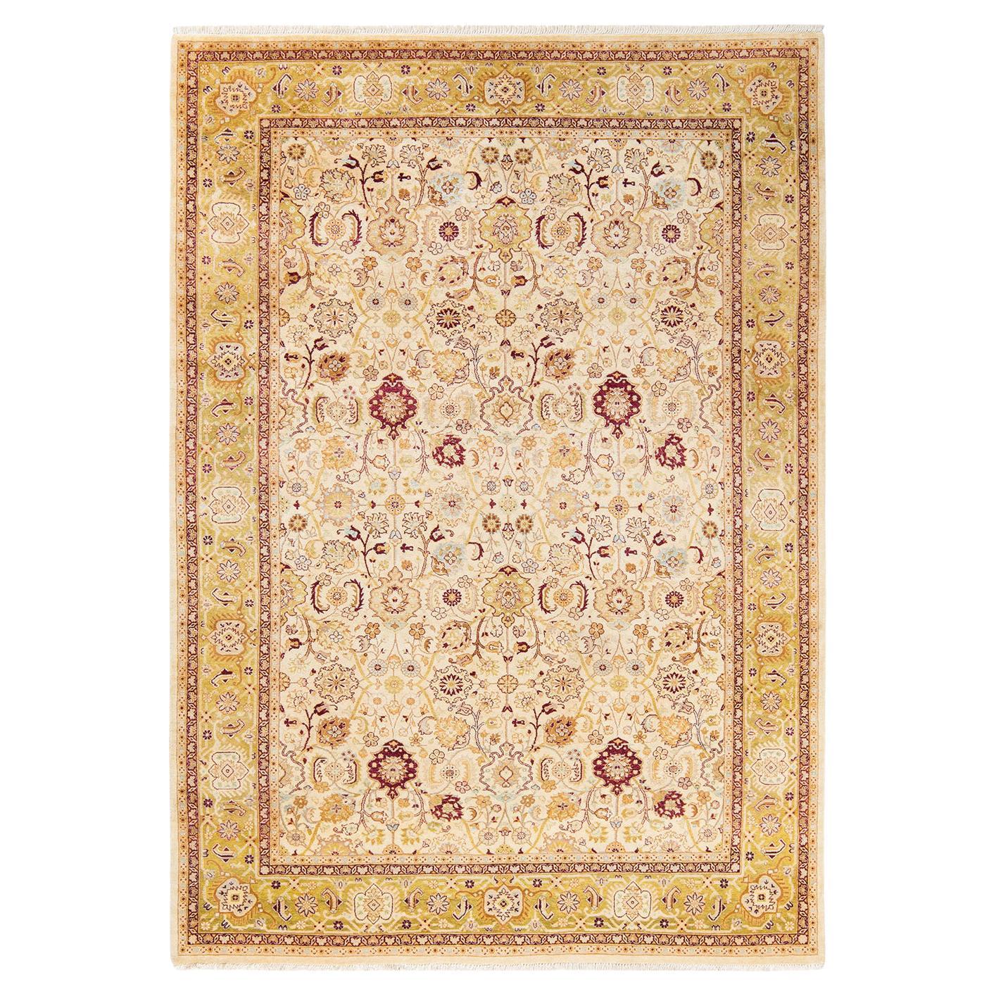 Tapis traditionnel ivoire Mogul unique en son genre fabriqué à la main