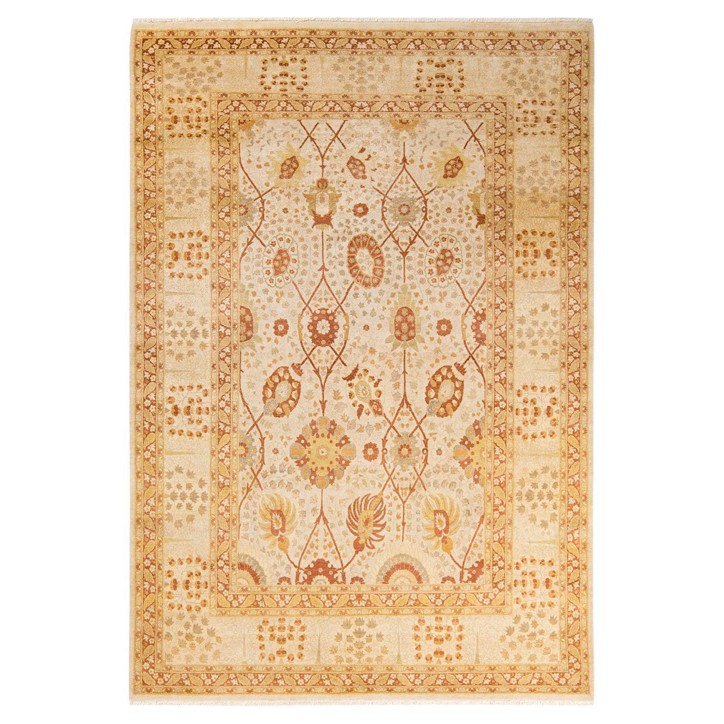 One-of-a-Kind Hand Made Traditional Mogul Ivory Area Rug