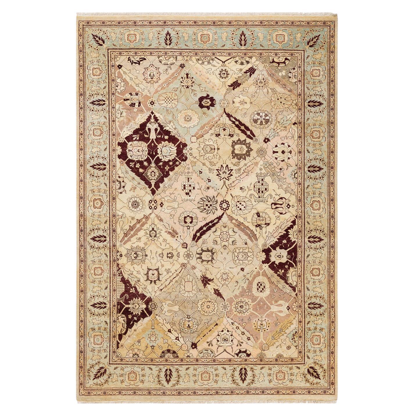 Tapis traditionnel Mogul ivoire unique en son genre fabriqué à la main