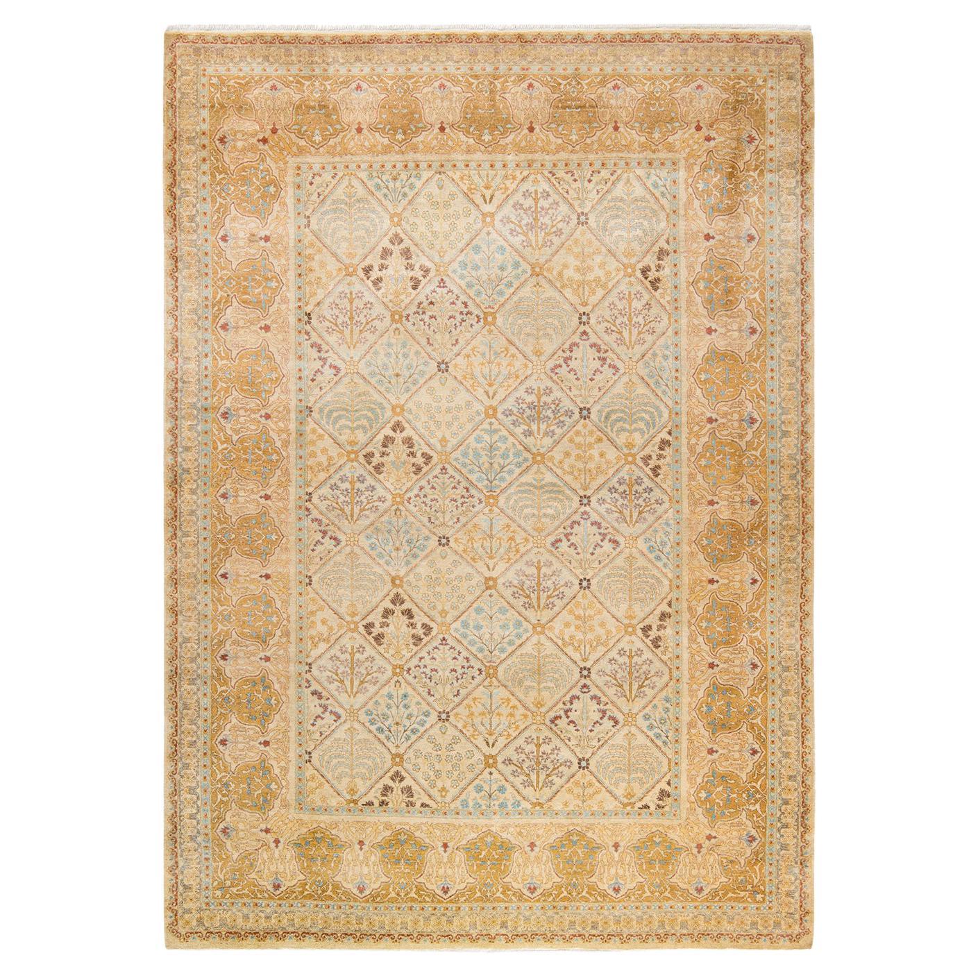 One-Of-A-Kind Hand Made Traditional Mogul Ivory Area Rug For Sale