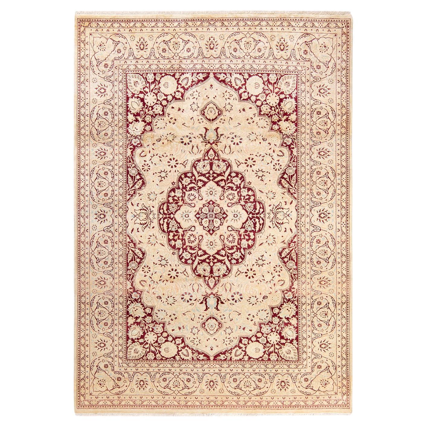 Tapis traditionnel ivoire Mogul unique en son genre fabriqué à la main