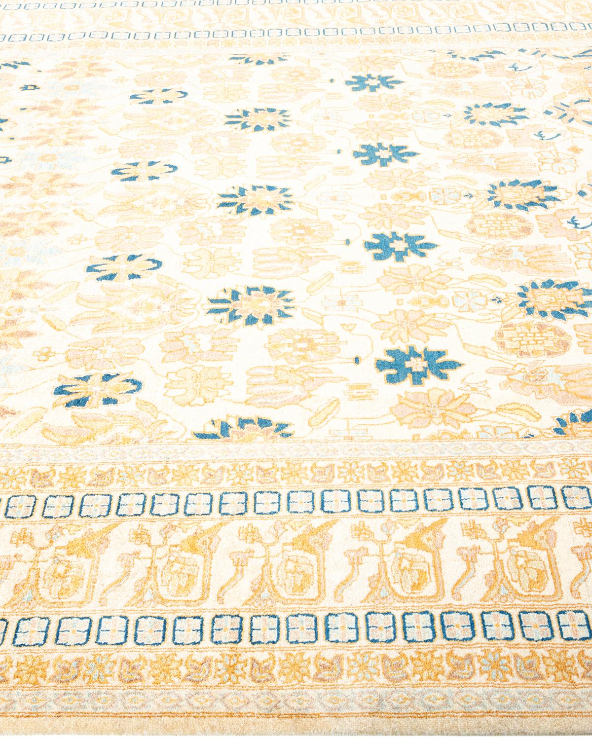 Hand-Knotted One-Of-A-Kind Hand Made Traditional Mogul Ivory Area Rug For Sale
