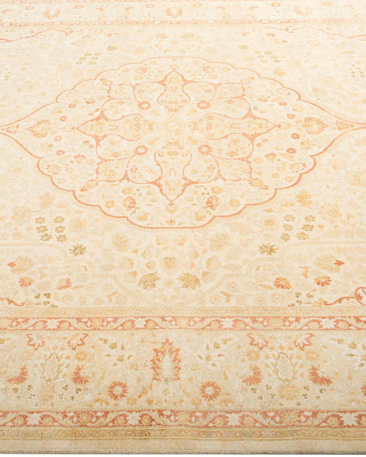 One-of-a-Kind Hand Made Traditional Mogul Ivory Area Rug In New Condition For Sale In Norwalk, CT