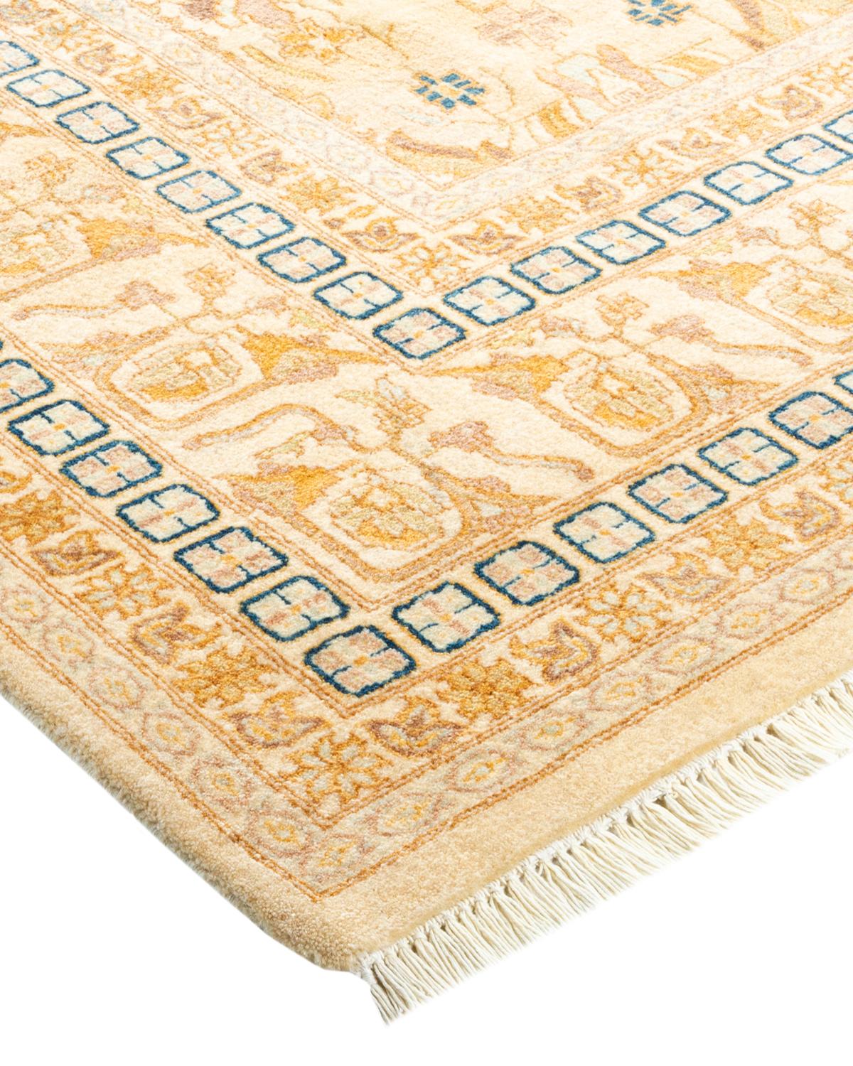 Contemporary One-Of-A-Kind Hand Made Traditional Mogul Ivory Area Rug For Sale