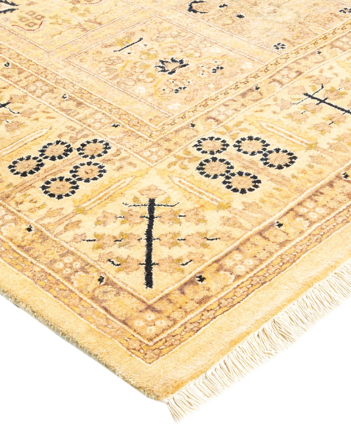 Wool One-Of-A-Kind Hand Made Traditional Mogul Ivory Area Rug For Sale