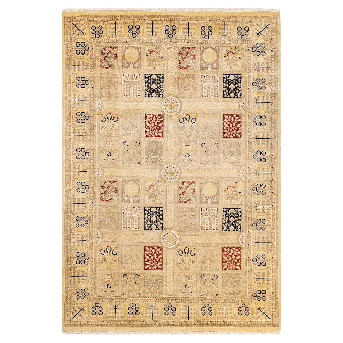 One-Of-A-Kind Hand Made Traditional Mogul Ivory Area Rug For Sale