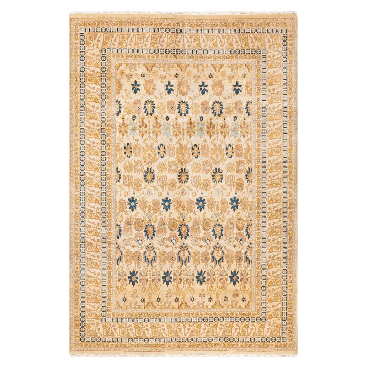 One-of-a-Kind Hand Made Traditional Mogul Ivory Area Rug