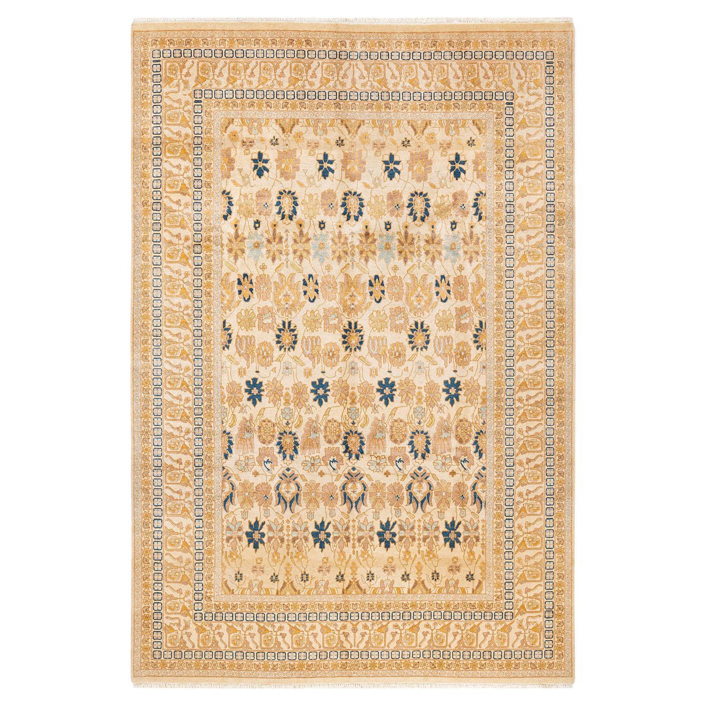 One-Of-A-Kind Hand Made Traditional Mogul Ivory Area Rug For Sale