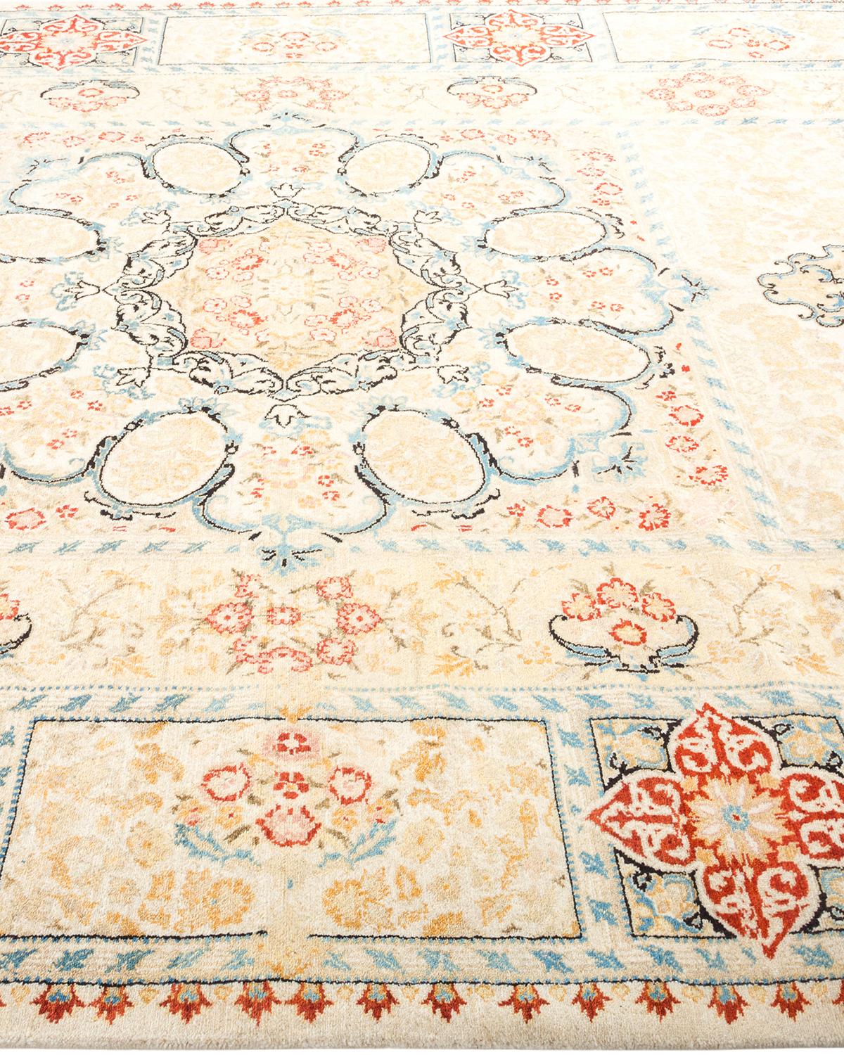 One-Of-A-Kind Hand Made Traditional Mogul Ivory Area Rug In New Condition For Sale In Norwalk, CT