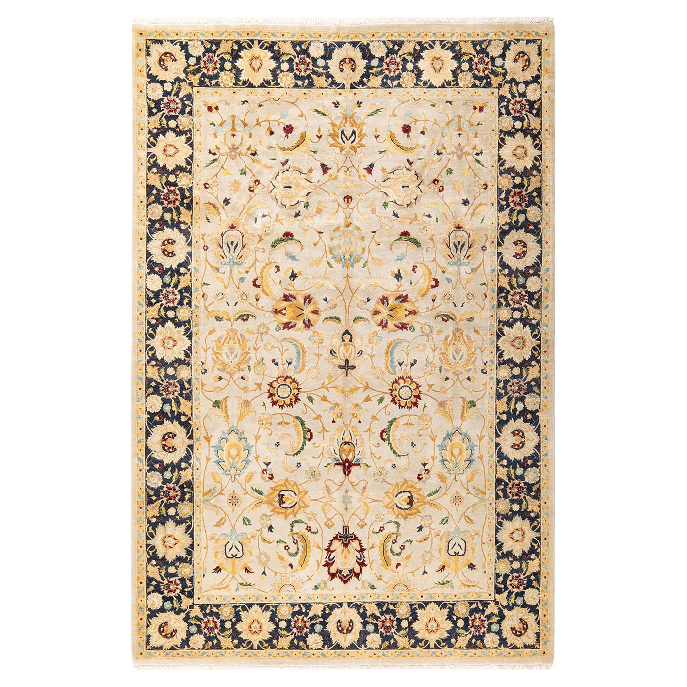 One-of-a-kind Hand Made Traditional Mogul Ivory Area Rug For Sale