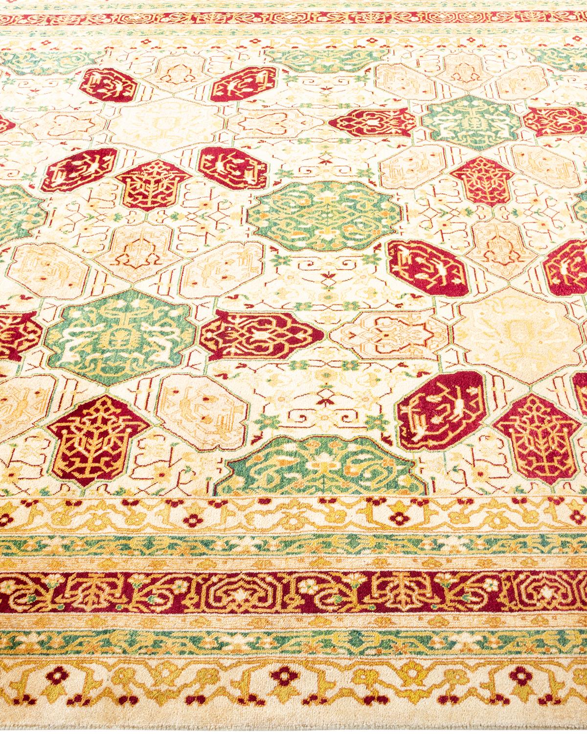 One-of-a-Kind Hand Made Traditional Mogul Ivory Area Rug In New Condition For Sale In Norwalk, CT