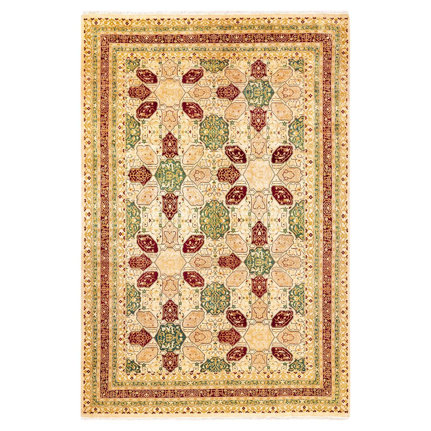 One-of-a-Kind Hand Made Traditional Mogul Ivory Area Rug For Sale