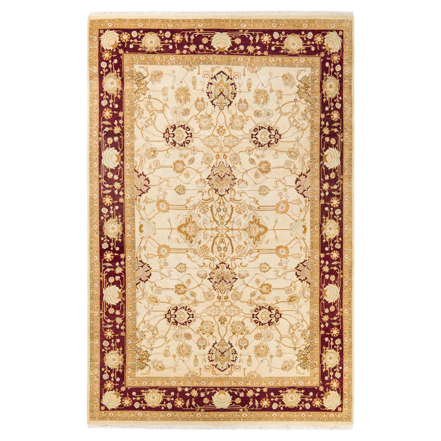 Tapis traditionnel Mogul ivoire unique en son genre fabriqué à la main