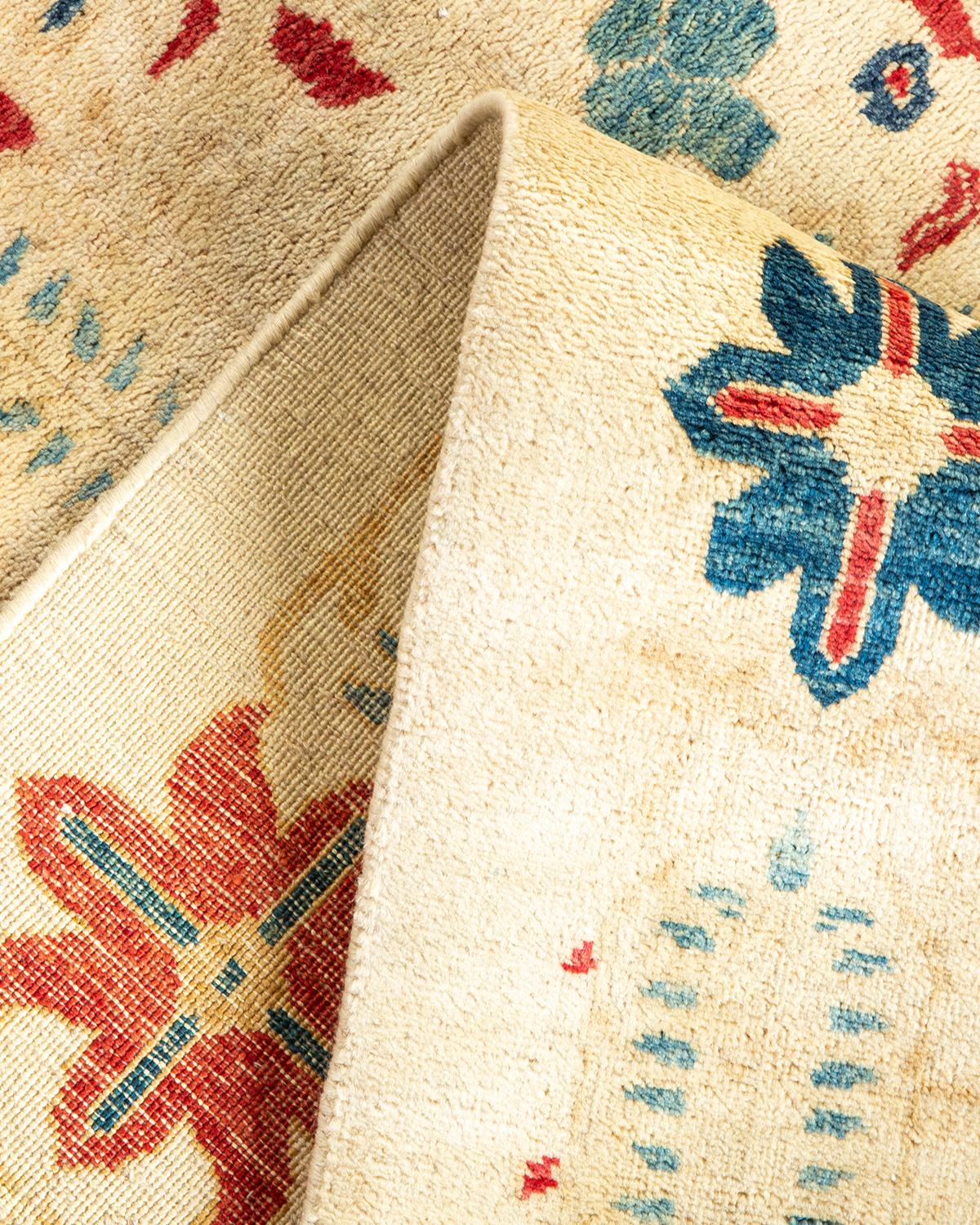 Contemporary One-of-a-Kind Hand Made Traditional Mogul Ivory Area Rug For Sale