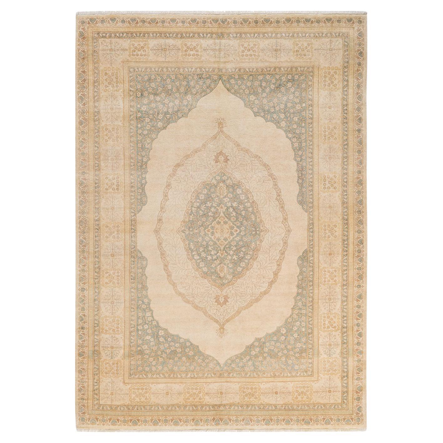 One-Of-A-Kind Hand Made Traditional Mogul Ivory Area Rug