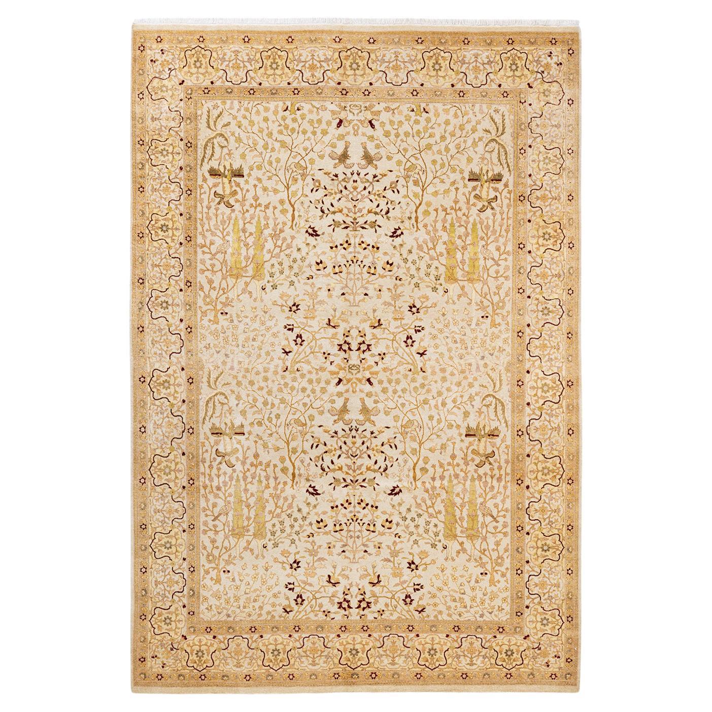 One-Of-A-Kind Hand Made Traditional Mogul Ivory Area Rug
