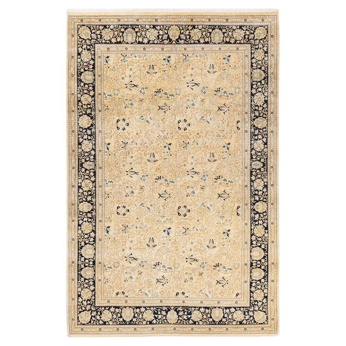 Tapis traditionnel ivoire Mogul unique en son genre fabriqué à la main