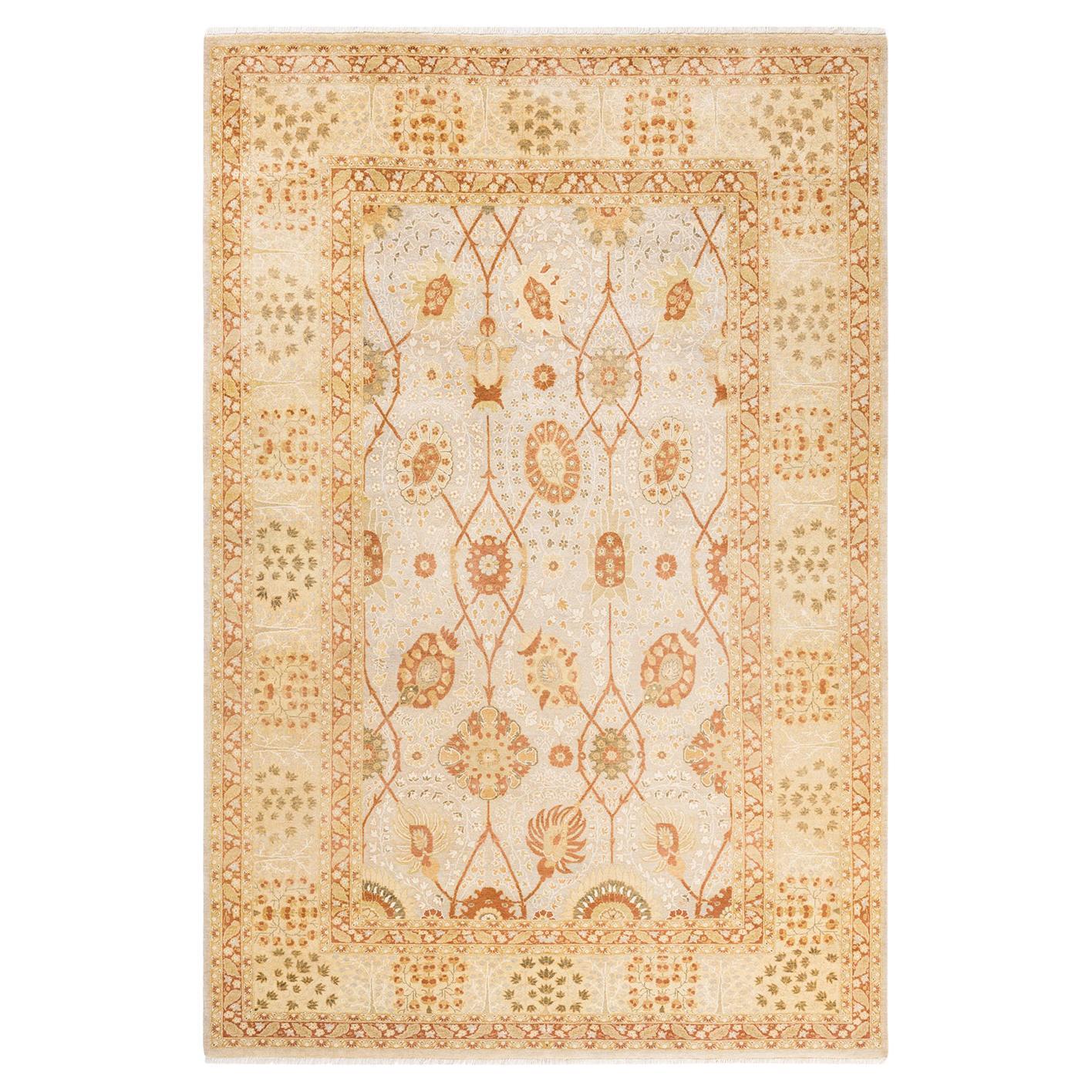 One-Of-A-Kind Hand Made Traditional Mogul Ivory Area Rug