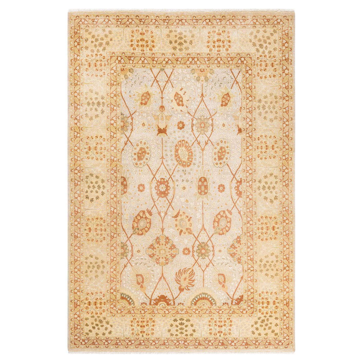 One-Of-A-Kind Hand Made Traditional Mogul Ivory Area Rug For Sale