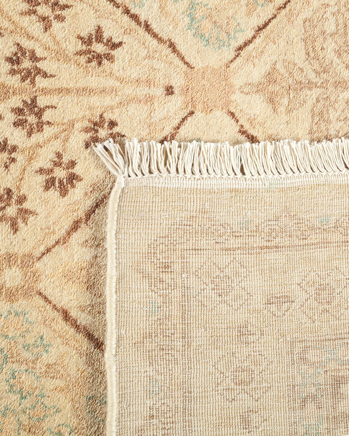 Hand-Knotted One-Of-A-Kind Hand Made Traditional Mogul Ivory Area Rug For Sale