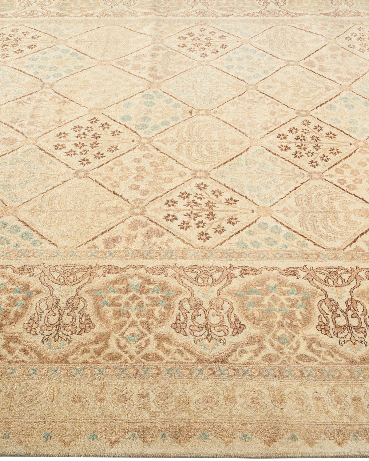 One-Of-A-Kind Hand Made Traditional Mogul Ivory Area Rug In New Condition For Sale In Norwalk, CT