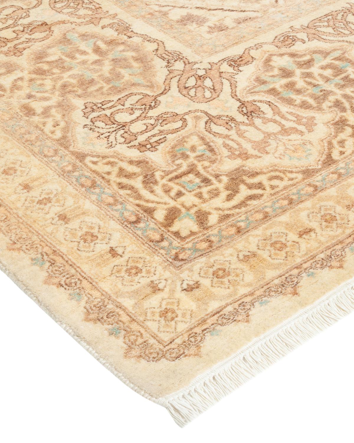 Wool One-Of-A-Kind Hand Made Traditional Mogul Ivory Area Rug For Sale
