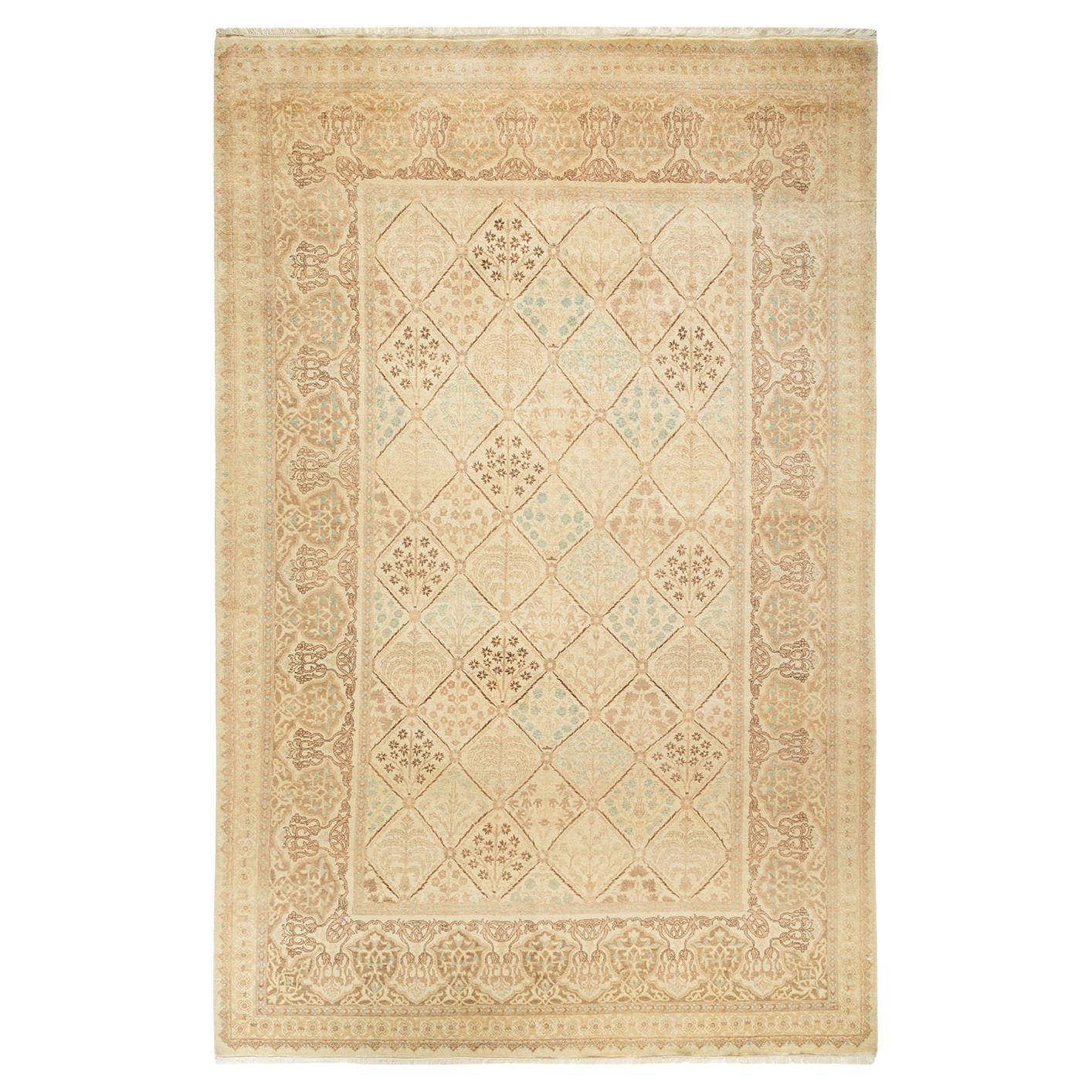 One-Of-A-Kind Hand Made Traditional Mogul Ivory Area Rug For Sale