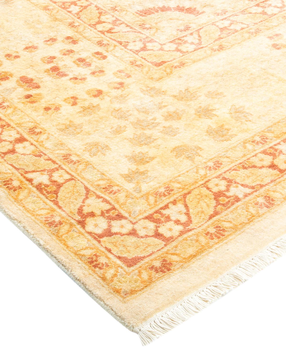 Wool One-Of-A-Kind Hand Made Traditional Mogul Ivory Area Rug For Sale