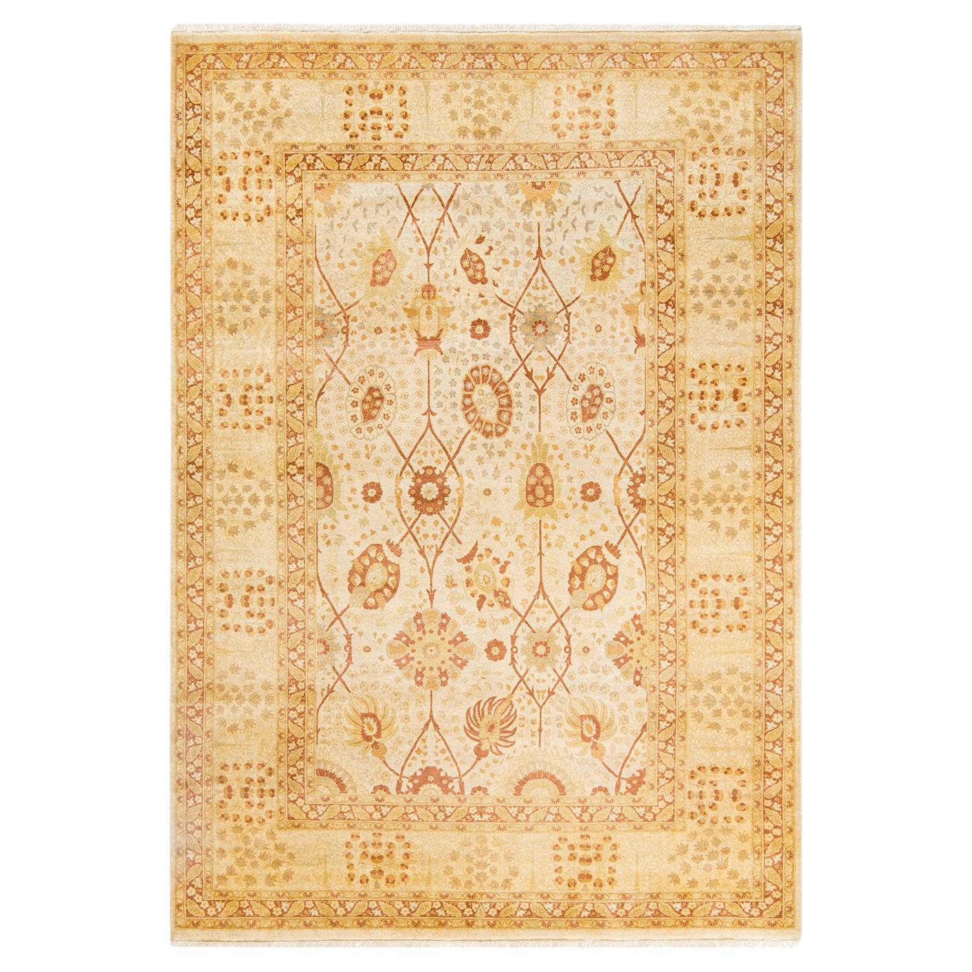 One-Of-A-Kind Hand Made Traditional Mogul Ivory Area Rug