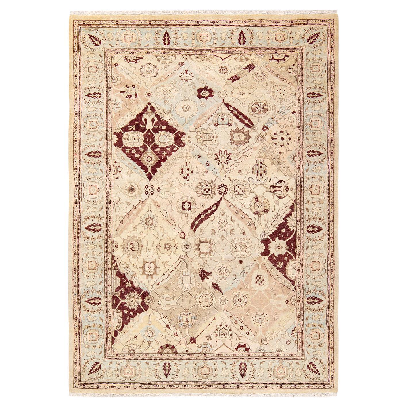 One-of-a-Kind Hand Made Traditional Mogul Ivory Area Rug