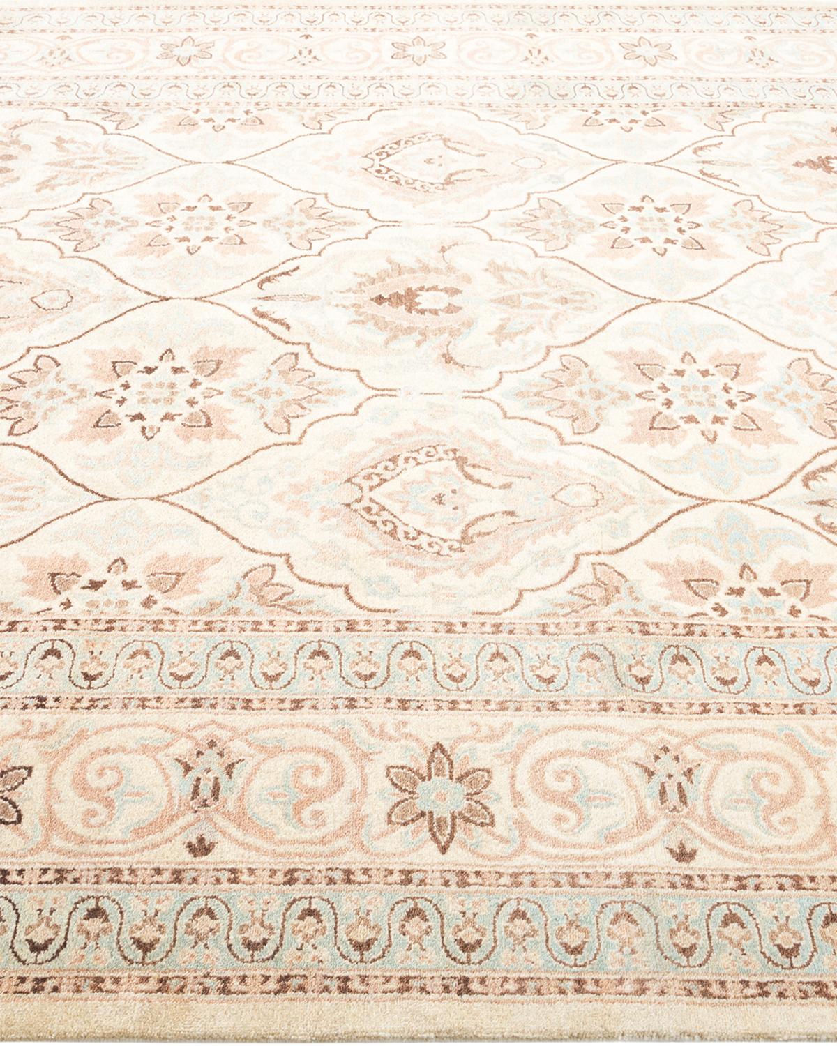 One-Of-A-Kind Hand Made Traditional Mogul Ivory Area Rug In Distressed Condition For Sale In Norwalk, CT