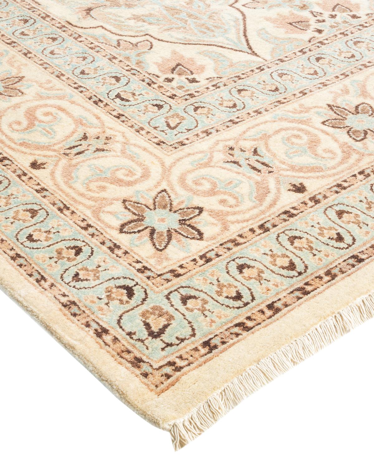 Wool One-Of-A-Kind Hand Made Traditional Mogul Ivory Area Rug For Sale