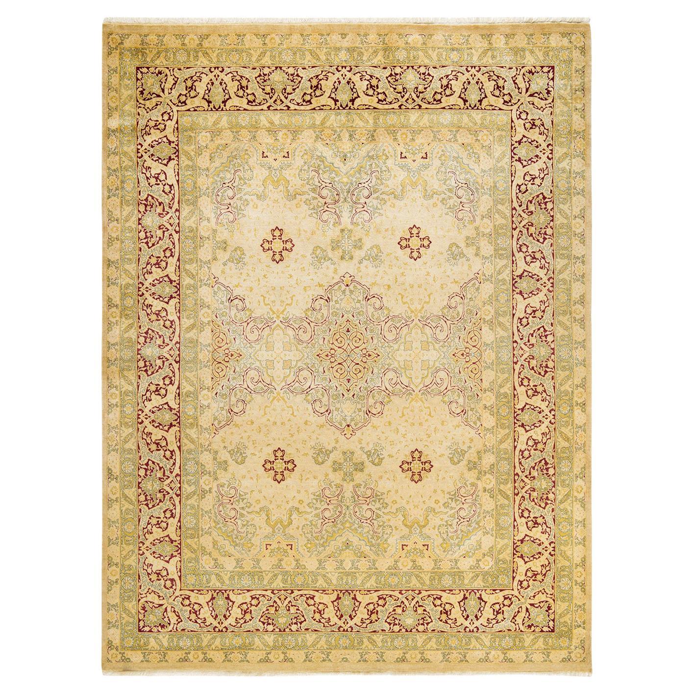 Tapis traditionnel ivoire Mogul unique en son genre fabriqué à la main